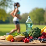 Alimentos ricos em fibras, garrafa de água, frutas e mulher praticando caminhada ao ar livre