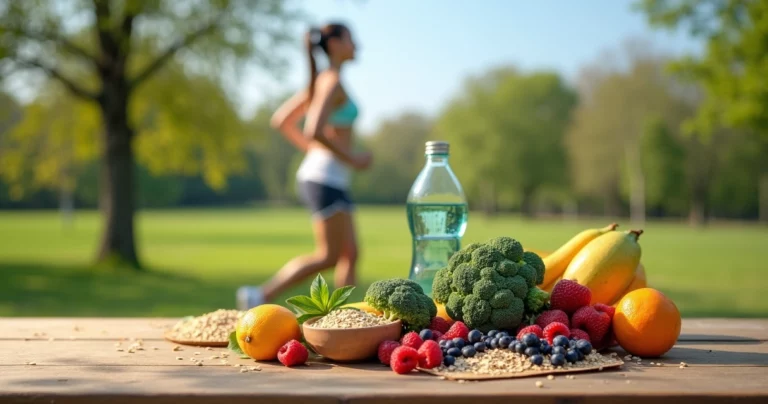 Alimentos ricos em fibras, garrafa de água, frutas e mulher praticando caminhada ao ar livre