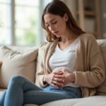 Mulher segurando o abdome com expressão de desconforto sentada em sofá claro