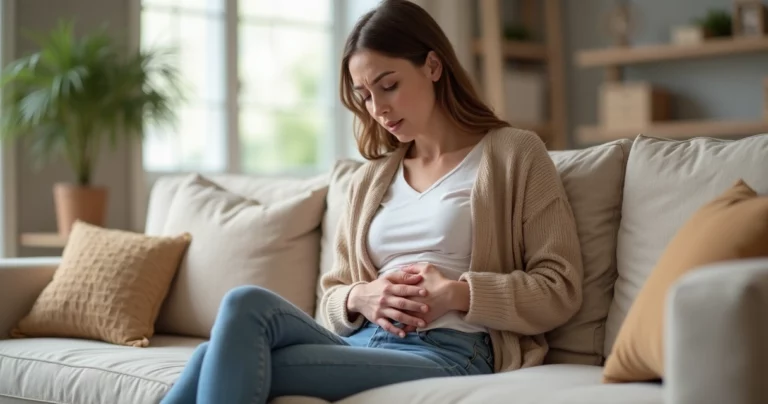 Mulher segurando o abdome com expressão de desconforto sentada em sofá claro