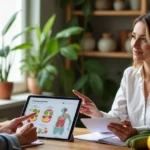Mulher em consulta com nutricionista discutindo saúde intestinal e dieta natural
