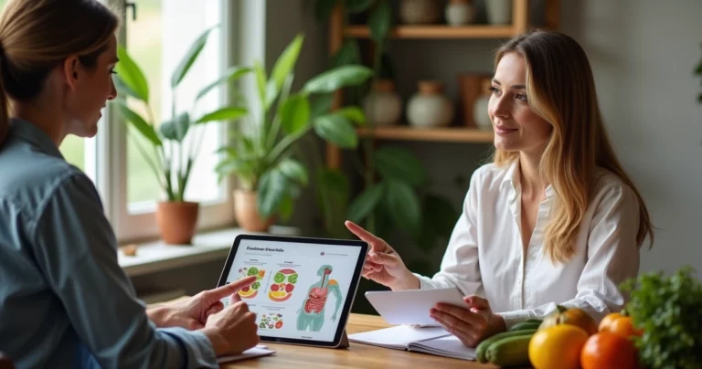 Mulher em consulta com nutricionista discutindo saúde intestinal e dieta natural