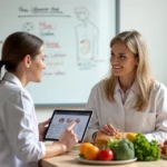Médica nutricionista em consulta com paciente, explicando dieta saudável em ambiente claro e acolhedor