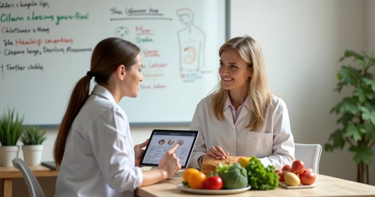 Médica nutricionista em consulta com paciente, explicando dieta saudável em ambiente claro e acolhedor