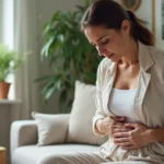 Mulher segurando a barriga com expressão de desconforto abdominal causado por estufamento