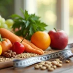 Alimentos saudáveis dispostos em mesa com frutas, vegetais e grãos integrais ao lado de uma fita métrica e um monitor de glicose