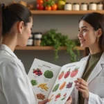 Nutricionista atendendo paciente em consultório com alimentos saudáveis ao fundo