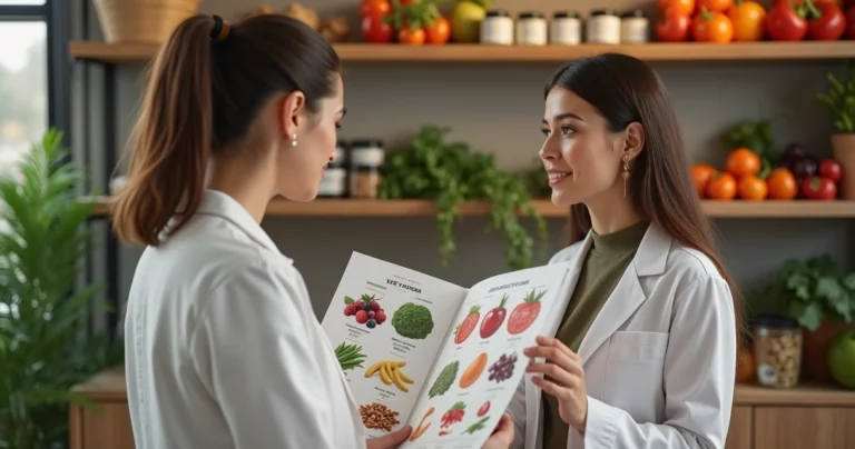 Nutricionista atendendo paciente em consultório com alimentos saudáveis ao fundo