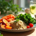 Prato colorido com refeição anti-inflamatória contendo legumes variados, grãos e folhas verdes sobre mesa de madeira clara
