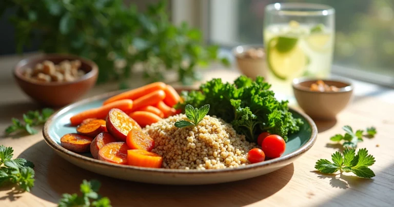 Prato colorido com refeição anti-inflamatória contendo legumes variados, grãos e folhas verdes sobre mesa de madeira clara