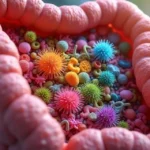 Ilustração detalhada de microbiota intestinal com bactérias variadas no interior do intestino humano