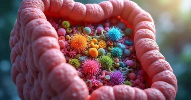 Ilustração detalhada de microbiota intestinal com bactérias variadas no interior do intestino humano