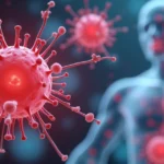 Ilustração detalhada do sistema imunológico atacando tecidos do corpo humano