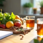 Mesa com alimentos naturais variados e uma pessoa fazendo anotações tranquilamente