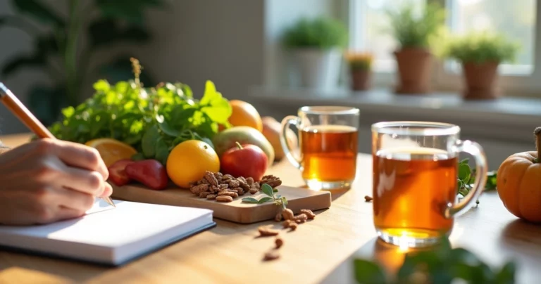 Mesa com alimentos naturais variados e uma pessoa fazendo anotações tranquilamente