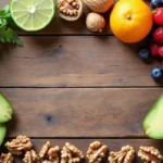 Mesa com alimentos funcionais frescos organizados, incluindo abacate, nozes, frutas e vegetais coloridos