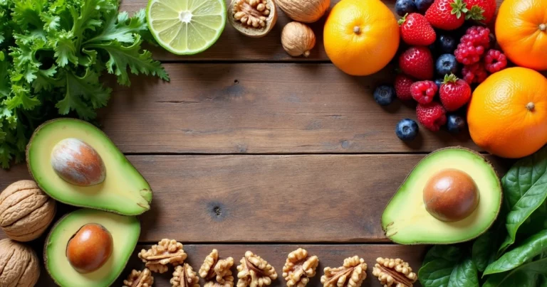 Mesa com alimentos funcionais frescos organizados, incluindo abacate, nozes, frutas e vegetais coloridos