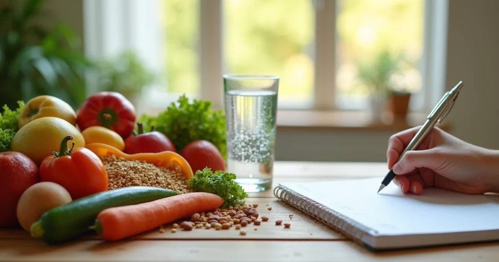 Mesa com alimentos ricos em fibras, copo de água e bloco de notas com planejamento alimentar