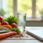 Mesa com alimentos ricos em fibras, copo de água e bloco de notas com planejamento alimentar