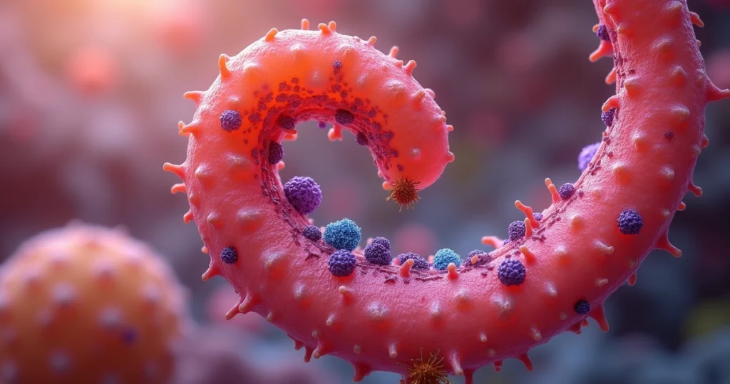 Representação realista da microbiota intestinal colorida dentro do intestino humano aberto mostrando bactérias diversas e conexão com emagrecimento