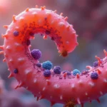 Representação realista da microbiota intestinal colorida dentro do intestino humano aberto mostrando bactérias diversas e conexão com emagrecimento