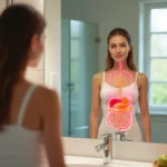Mulher olhando no espelho com ilustração dos órgãos digestivos e sistema hormonal sobrepostos
