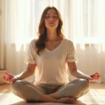 Mulher sentada em posição de meditação, refletindo sobre saúde e jejum intermitente em ambiente calmo e iluminado