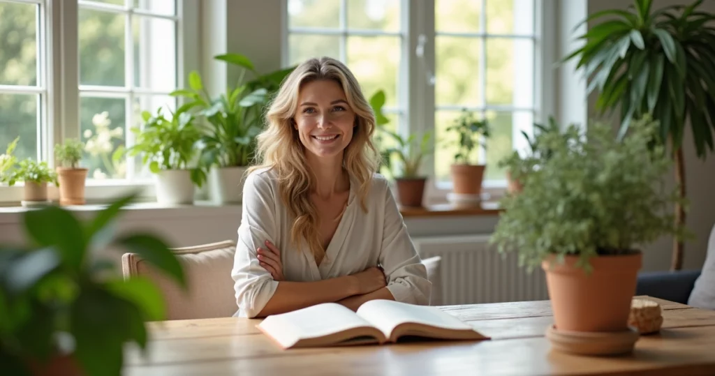 Mulher sorrindo sentada em ambiente claro e acolhedor, cercada de plantas e livros sobre saúde e nutrição
