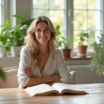 Mulher sorrindo sentada em ambiente claro e acolhedor, cercada de plantas e livros sobre saúde e nutrição