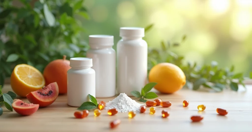 Frascos de suplementos com rótulos claros, cápsulas e pó branco sobre mesa de madeira clara com fundo desfocado de folhas verdes e frutas frescas