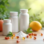 Frascos de suplementos com rótulos claros, cápsulas e pó branco sobre mesa de madeira clara com fundo desfocado de folhas verdes e frutas frescas