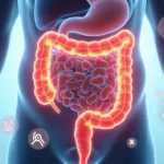 Representação detalhada do intestino delgado com destaque para desequilíbrio da microbiota e sintomas de SIBO