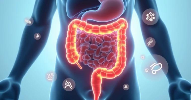 Representação detalhada do intestino delgado com destaque para desequilíbrio da microbiota e sintomas de SIBO