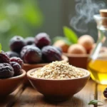 Ingredientes naturais para saúde intestinal em tigelas na mesa, incluindo ameixas, farelo de aveia, óleo mineral e folhas verdes