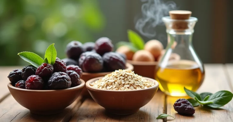 Ingredientes naturais para saúde intestinal em tigelas na mesa, incluindo ameixas, farelo de aveia, óleo mineral e folhas verdes