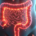 Representação detalhada do intestino delgado com ilustração do supercrescimento fúngico e desequilíbrio da microbiota intestinal