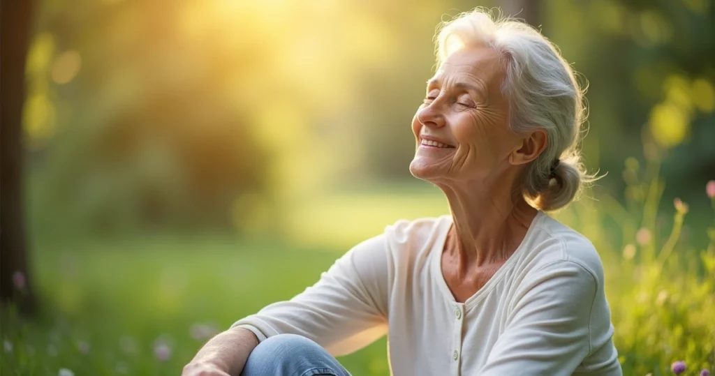 Mulher de meia-idade relaxando em ambiente natural, transmitindo bem-estar e equilíbrio