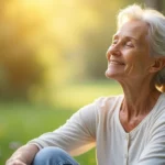 Mulher de meia-idade relaxando em ambiente natural, transmitindo bem-estar e equilíbrio