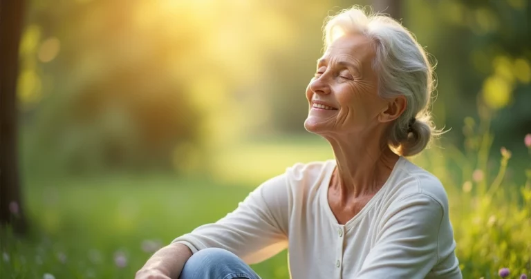 Mulher de meia-idade relaxando em ambiente natural, transmitindo bem-estar e equilíbrio