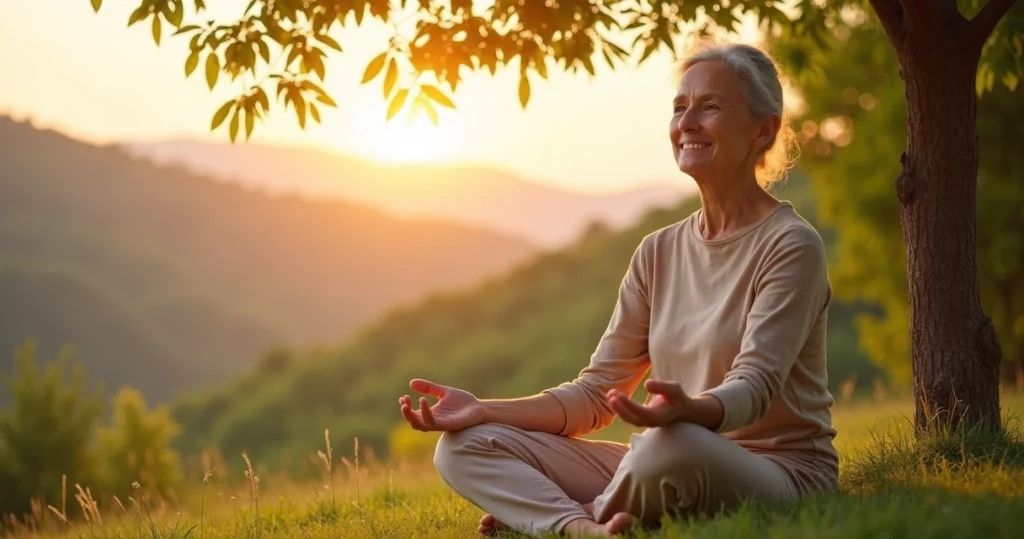 Mulher sentada ao ar livre, relaxando em ambiente natural com luz suave ao entardecer