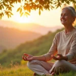 Mulher sentada ao ar livre, relaxando em ambiente natural com luz suave ao entardecer