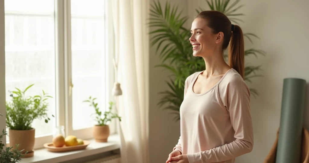 Mulher sorrindo vestindo roupa casual em ambiente claro e acolhedor, simbolizando saúde e bem-estar feminino integral