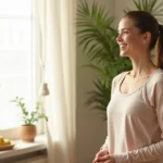 Mulher sorrindo vestindo roupa casual em ambiente claro e acolhedor, simbolizando saúde e bem-estar feminino integral
