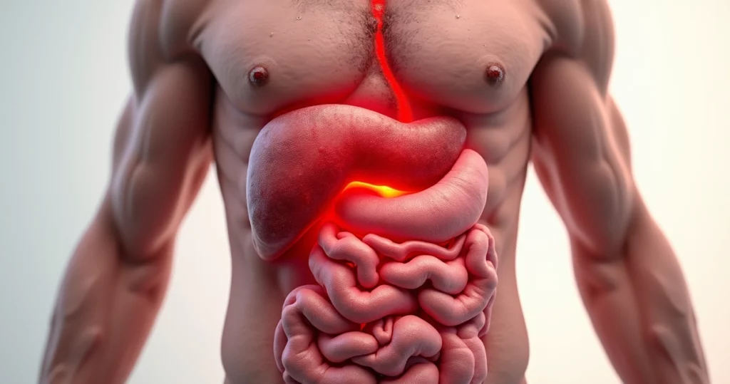 Ilustração realista de cólon humano destacando áreas de sinais de câncer colorretal com ícones representando sangue nas fezes, diarreia, fadiga, perda de peso, tenesmo e dor abdominal