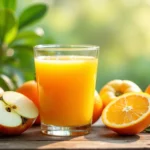 Copo de suco natural feito com maçã e laranja sobre mesa de madeira com frutas ao redor