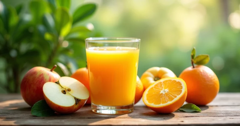 Copo de suco natural feito com maçã e laranja sobre mesa de madeira com frutas ao redor