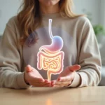 Mulher segurando ilustração do intestino com cérebro interligado por luzes suaves