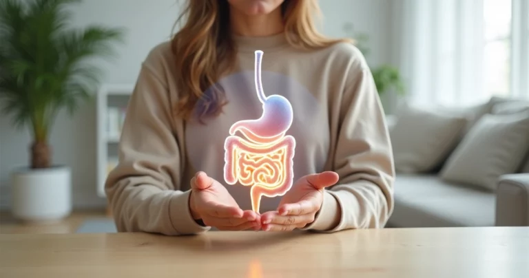 Mulher segurando ilustração do intestino com cérebro interligado por luzes suaves