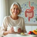 Mulher madura segurando xícara de chá com ilustração suave do intestino ao fundo