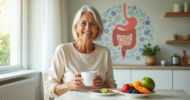 Mulher madura segurando xícara de chá com ilustração suave do intestino ao fundo